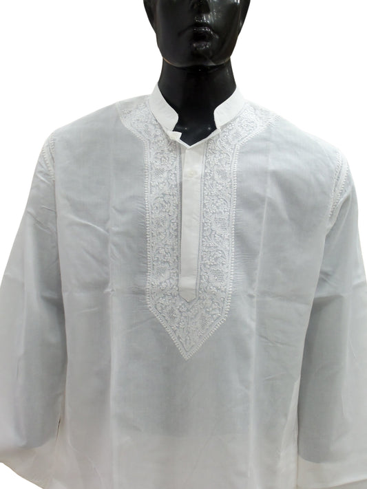 Shyamal Chikan Hand Embroidered White Cotton Lucknowi Chikankari Men's Kurta – S18344