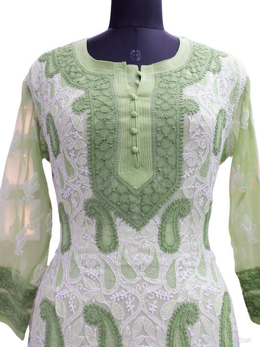 Shyamal Chikan Hand Embroidered Green Georgette Lucknowi Chikankari Kurti With Jaali Work - S394