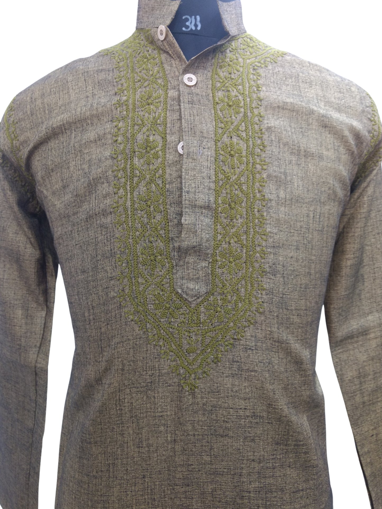 Shyamal Chikan Hand Embroidered Green Cotton Lucknowi Chikankari Men's Kurta – S6787