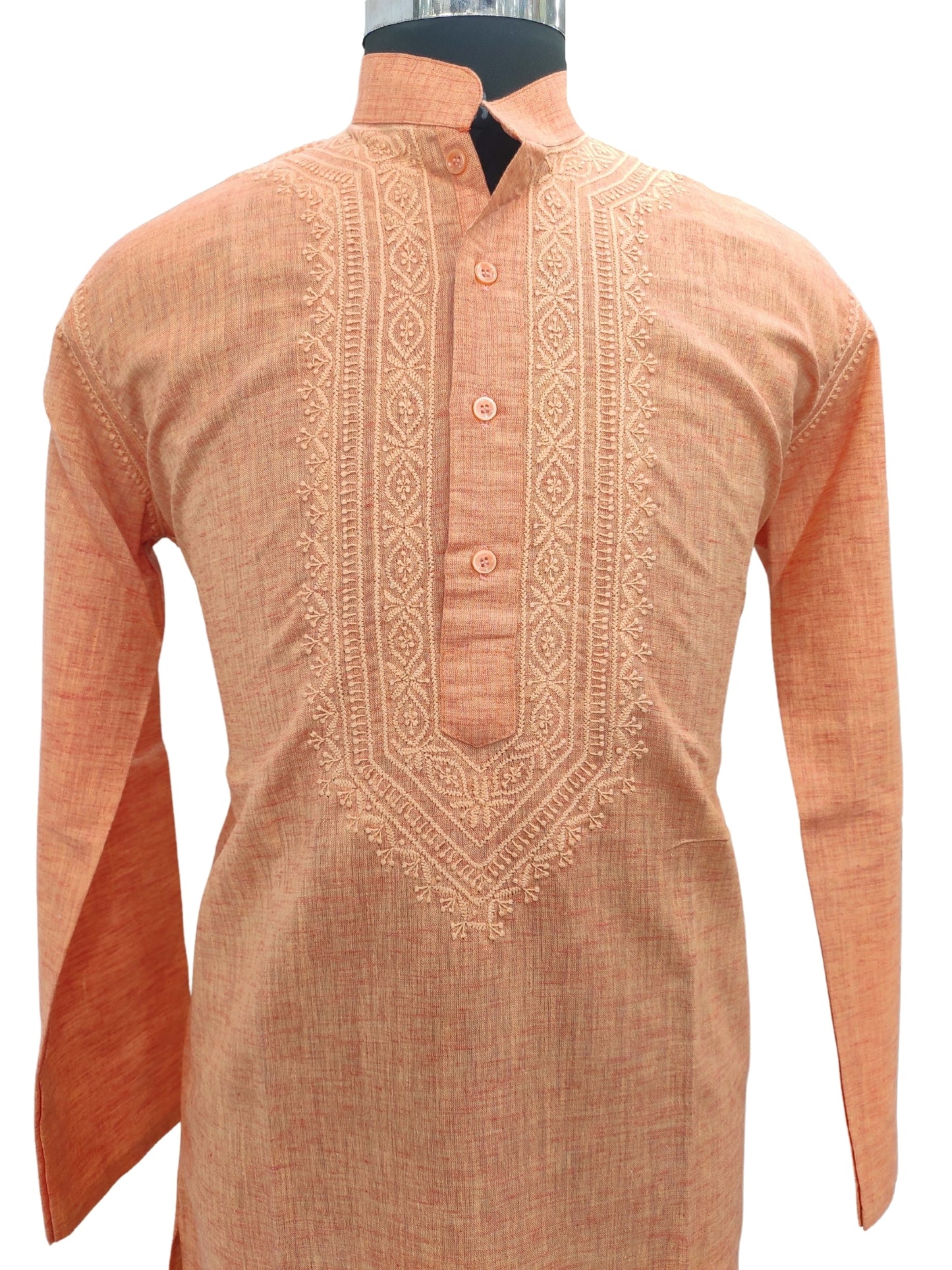 Shyamal Chikan Hand Embroidered Peach Cotton Lucknowi Chikankari Men's  Kurta – S11839