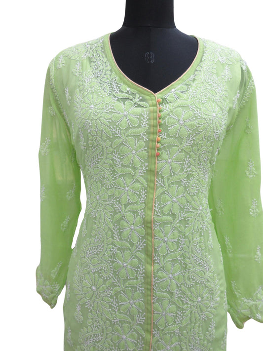 Shyamal Chikan Hand Embroidered Green Georgette Lucknowi Chikankari Kurti - S8164