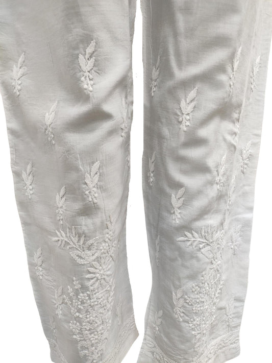 Shyamal Chikan Hand Embroidered White Chanderi Silk Lucknowi Chikankari Women's Pant –  S12929