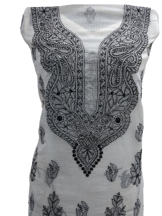 Shyamal Chikan Hand Embroidered White Kota Cotton Lucknowi Chikankari Unstitched Kurta Piece - S9460