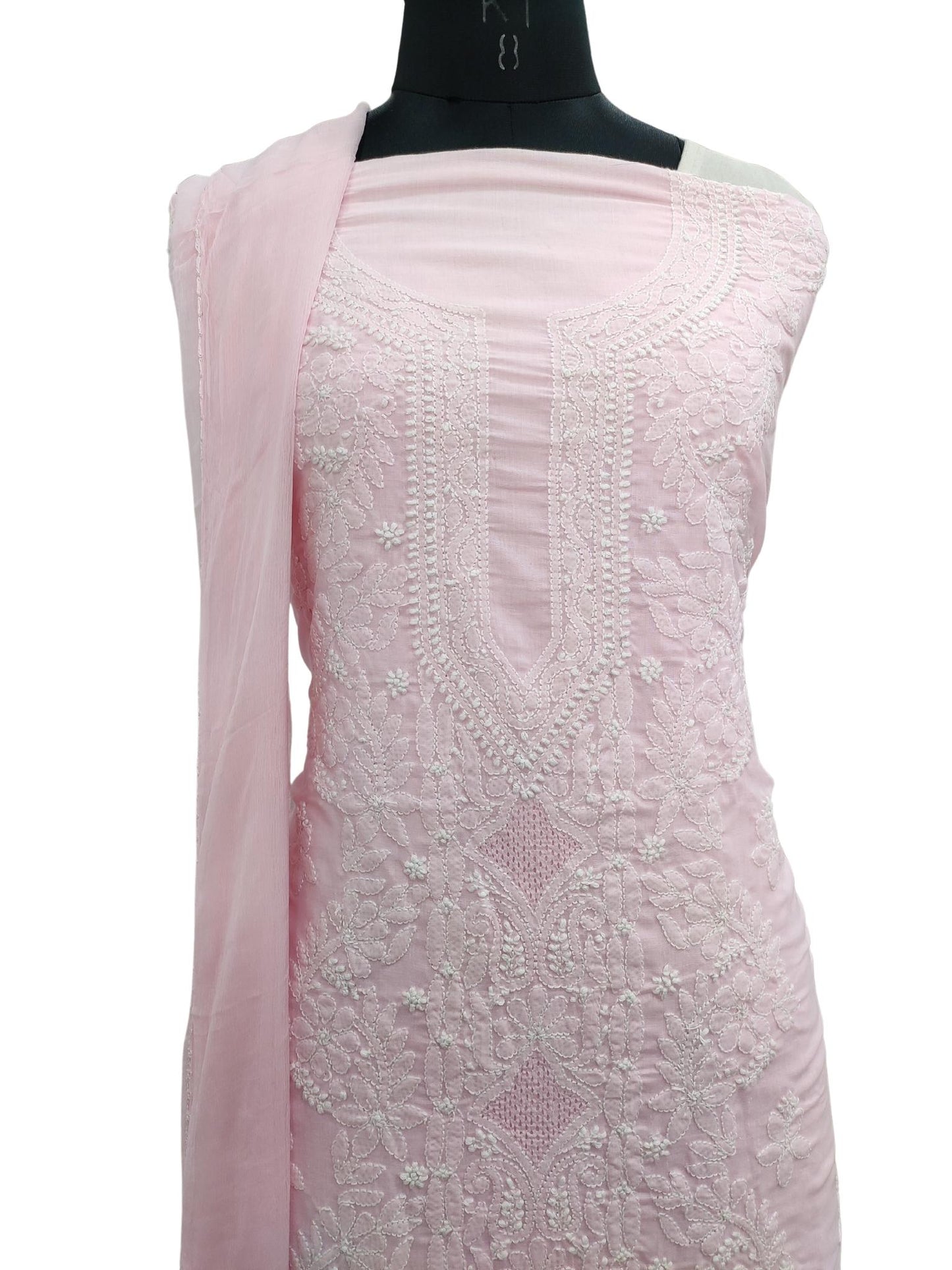 Shyamal Chikan Hand Embroidered Pink Cotton Lucknowi Chikankari Unstitched Suit Piece with Jaali work- S18214