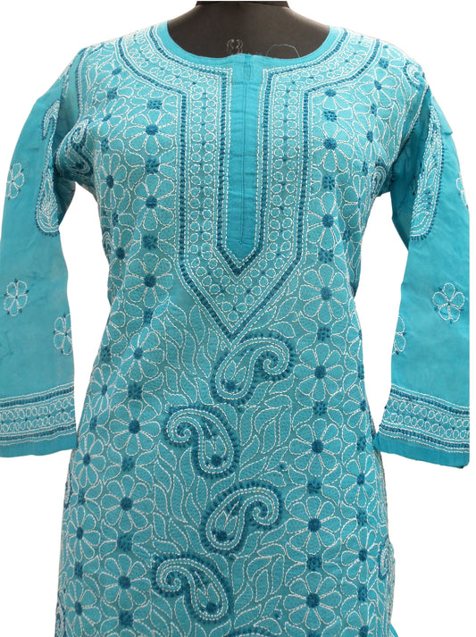 Shyamal Chikan Hand Embroidered Blue Cotton Lucknowi Chikankari Kurti- S2498