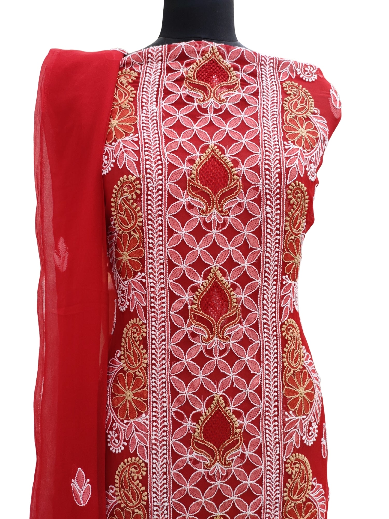 Shyamal Chikan Hand Embroidered Red Georgette Lucknowi Chikankari Unstitched Suit Piece With Jaali Work - S12162 - Shyamal Chikan