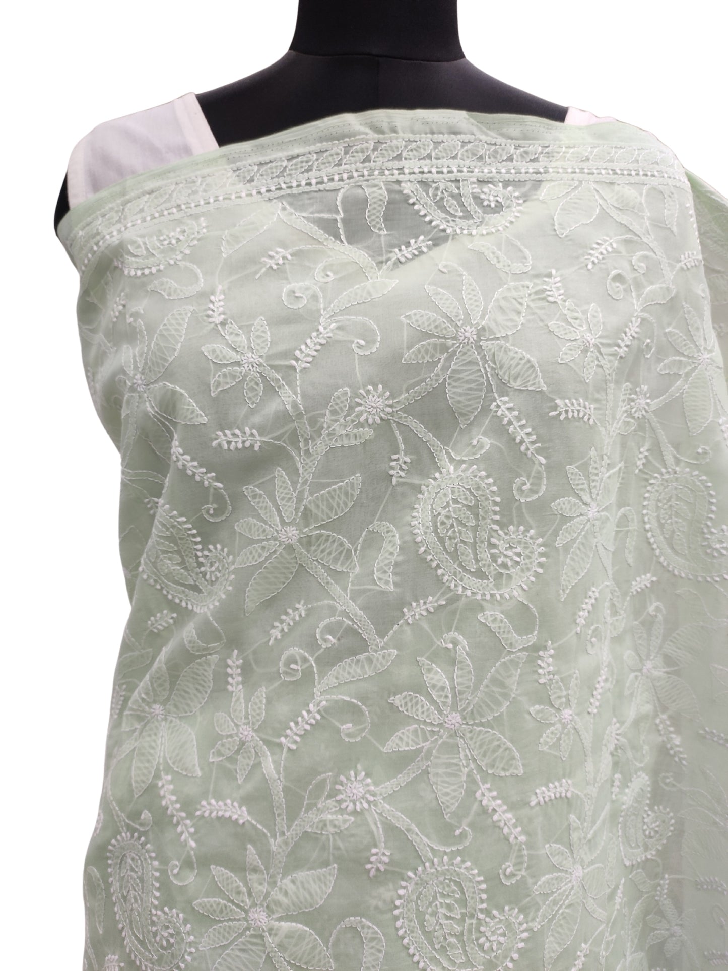 Shyamal Chikan Hand Embroidered Light Green Cotton Lucknowi Chikankari Full Jaal Saree With Blouse Piece- S10068