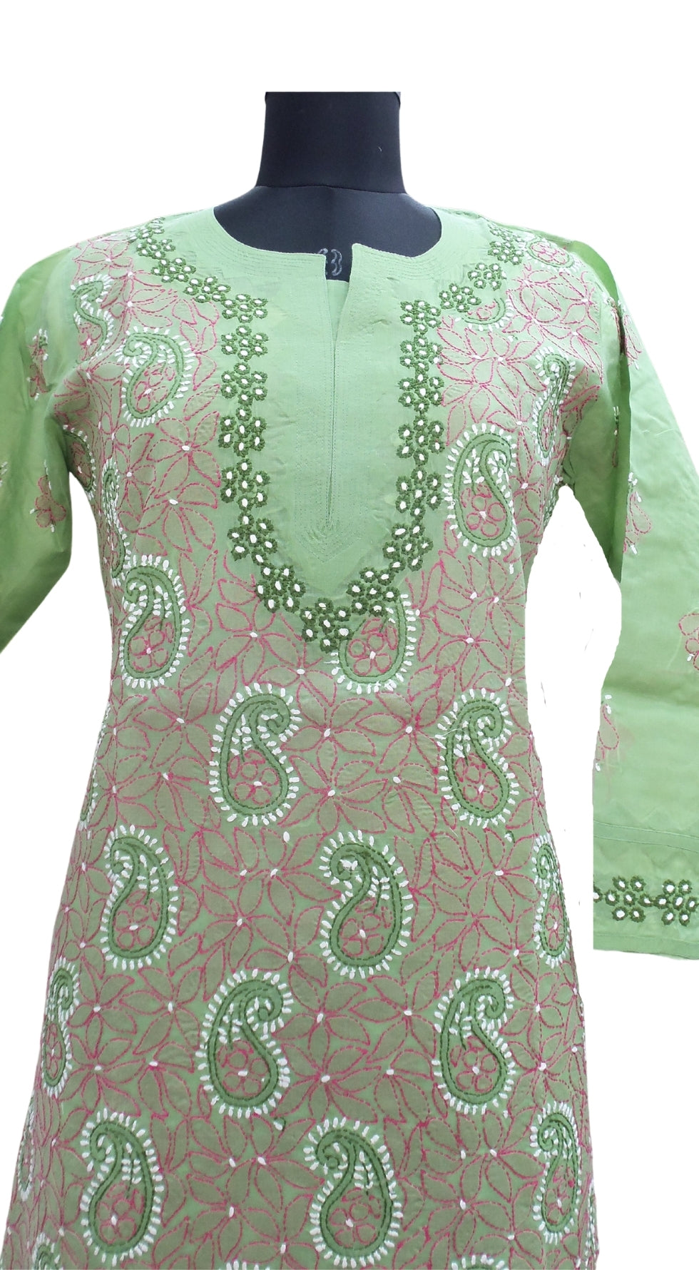 Shyamal Chikan Hand Embroidered Green Cotton Lucknowi Chikankari Kurti- S1026