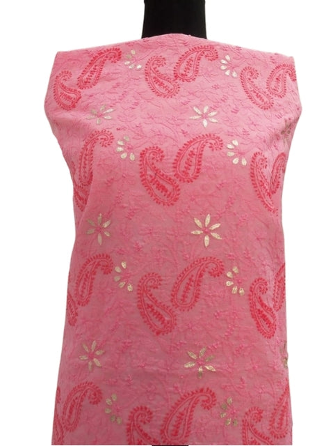 Shyamal Chikan Hand Embroidered Pink Cotton Lucknowi Chikankari Unstitched Kurta Piece With Gotta Patti Work- S179