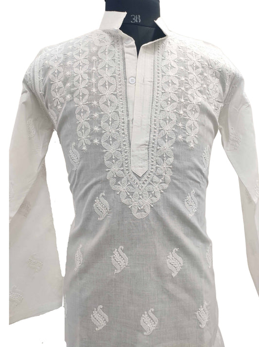 Shyamal Chikan Hand Embroidered White Cotton Lucknowi Chikankari Men's Kurta – S11904