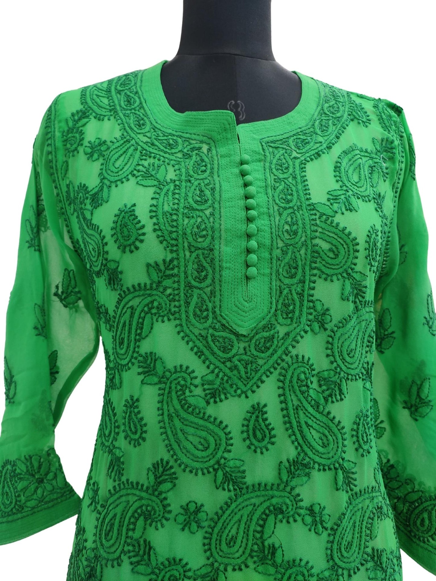 Shyamal Chikan Hand Embroidered Green Georgette Lucknowi Chikankari Short Top- S15686