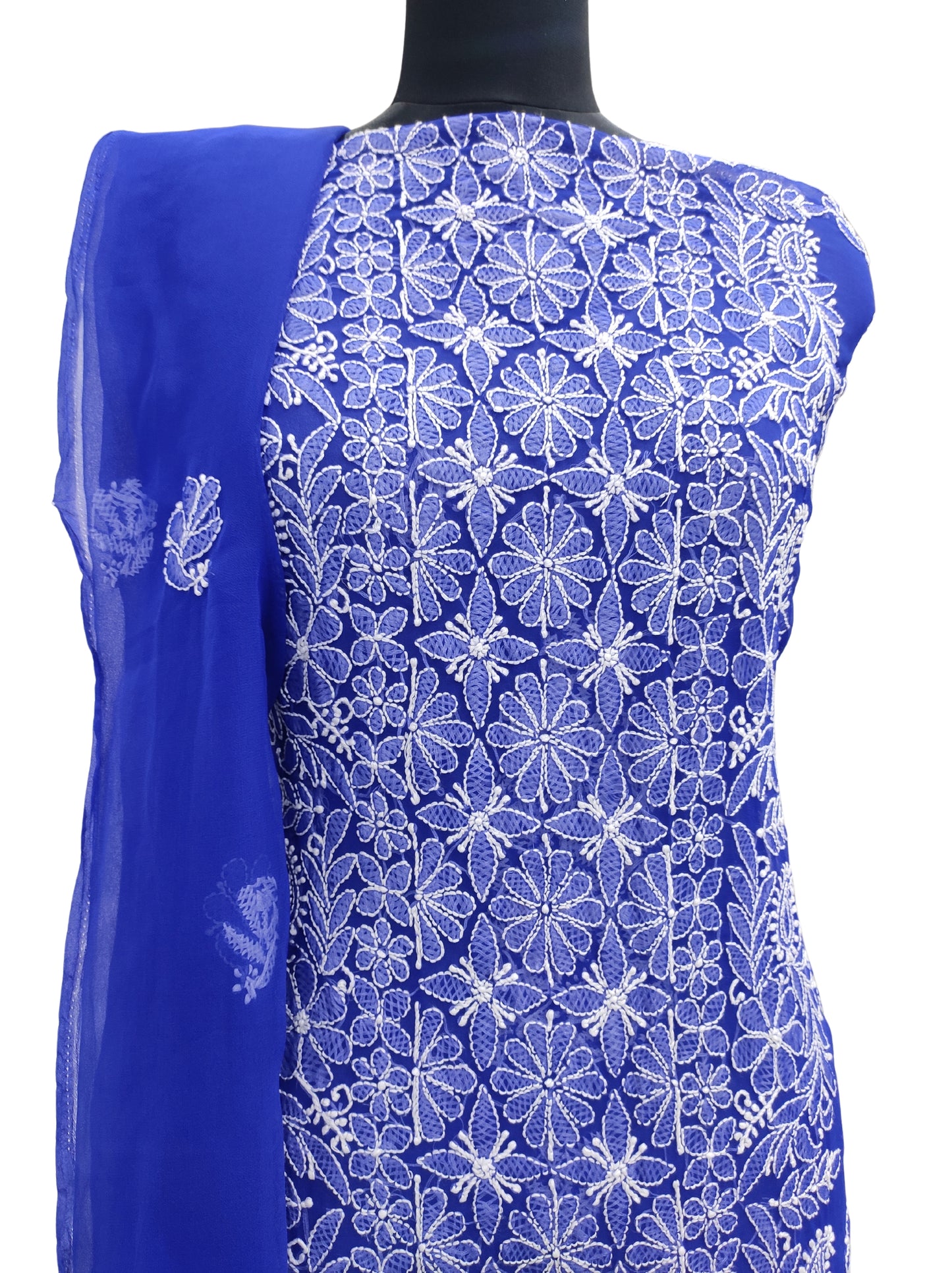 Shyamal Chikan Hand Embroidered Royal Blue Georgette Lucknowi Chikankari Unstitched Suit Piece - S12385 - Shyamal Chikan
