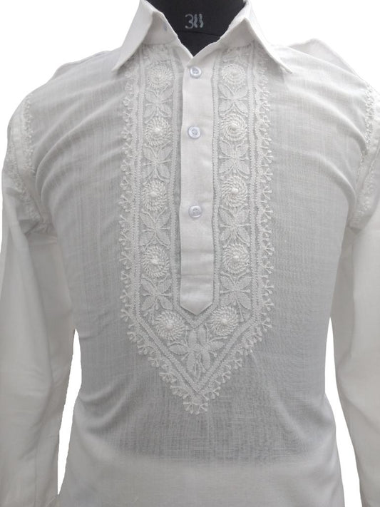 Shyamal Chikan Hand Embroidered White Cotton Lucknowi Chikankari Men's Pathani Kurta Set – S1738