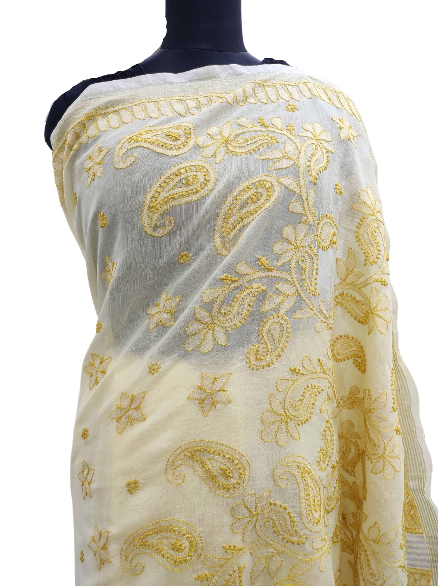 Shyamal Chikan Hand Embroidered Yellow Chanderi Lucknowi Chikankari Skirt Saree With Blouse Piece - S11934