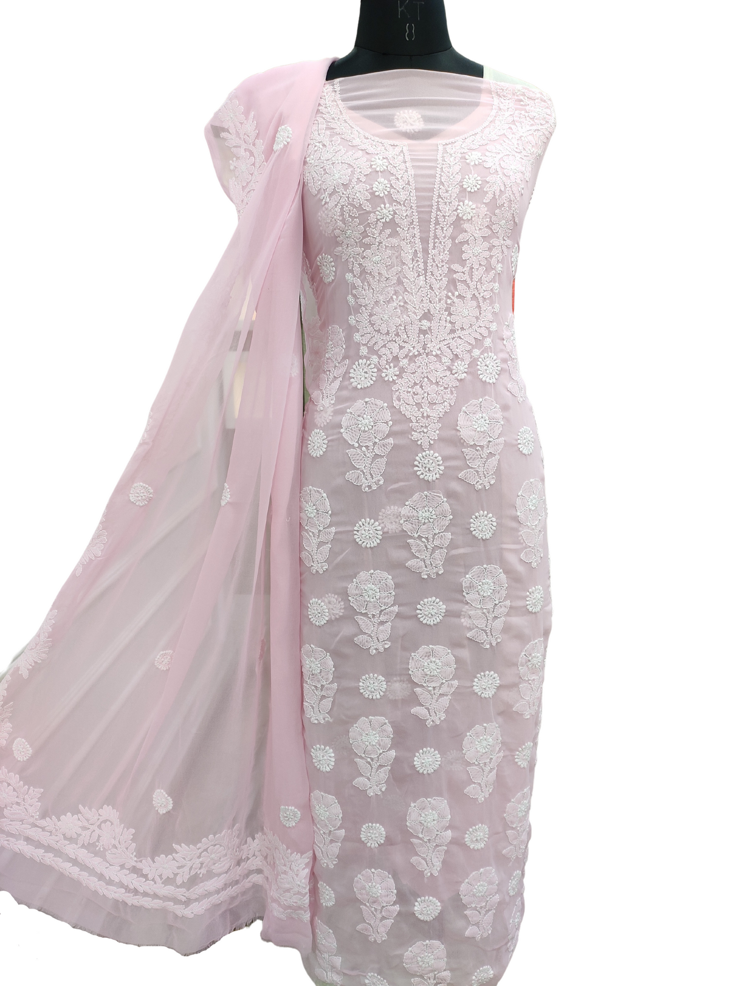 Shyamal Chikan Hand Embroidered Pink High Quality Georgette Lucknowi Chikankari Unstitched Suit Piece With Four Side Border Dupatta - S18283