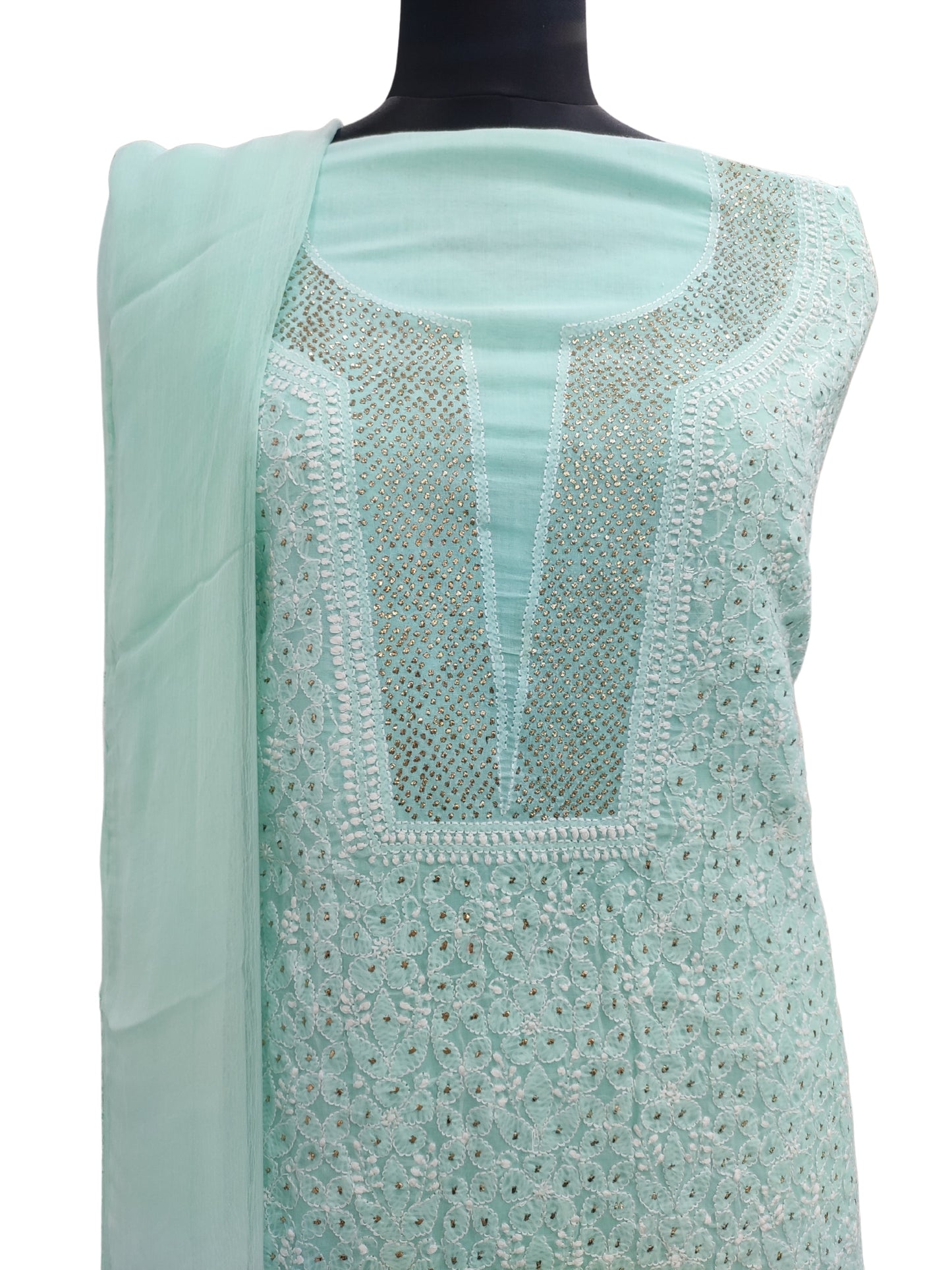 Shyamal Chikan Hand Embroidered Sea Green Cotton Lucknowi Chikankari Unstitched Suit Piece With Mukaish Work - S12198 - Shyamal Chikan