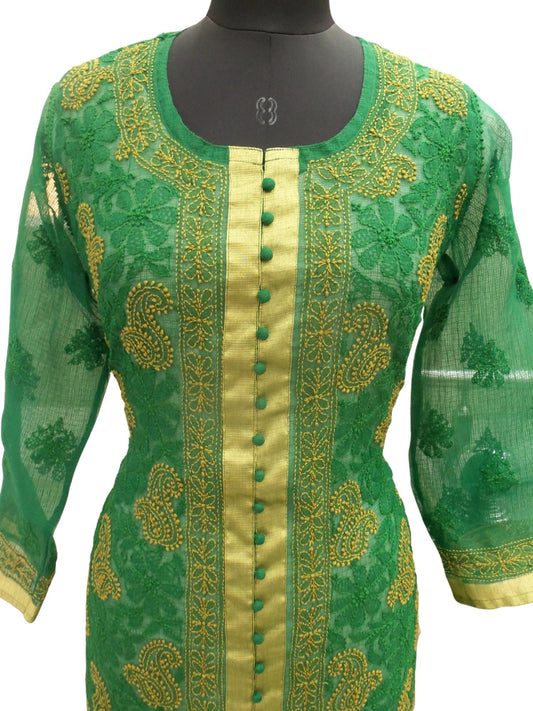 Shyamal Chikan Hand Embroidered Green Kota Cotton Lucknowi Chikankari Kurti - S4927