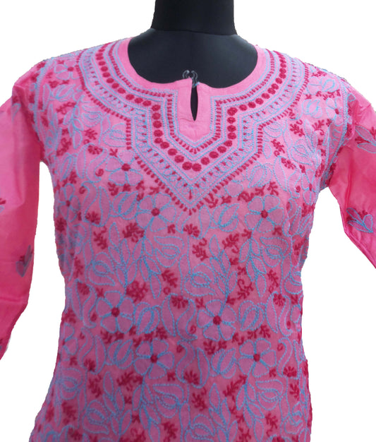 Shyamal Chikan Hand Embroidered Pink Pure Tusser Silk Lucknowi Chikankari Kurti- S512