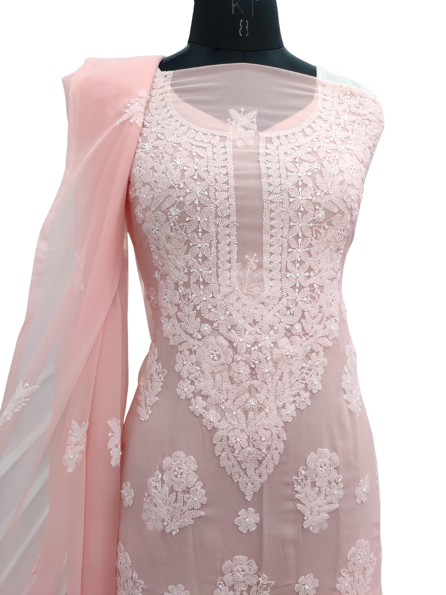 Shyamal Chikan Hand Embroidered Peach Georgette Lucknowi Chikankari Unstitched Suit Piece With Jaali Work - S18296