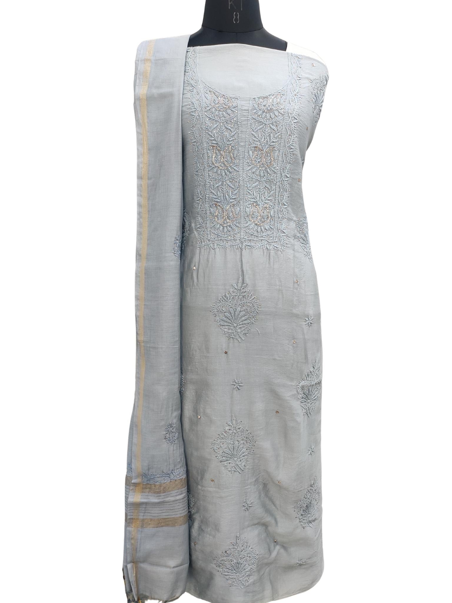 Shyamal Chikan Hand Embroidered Grey Chanderi Silk Lucknowi Chikankari Unstitched Suit Piece With Mukaish Work ( Set of 2 ) - S19831