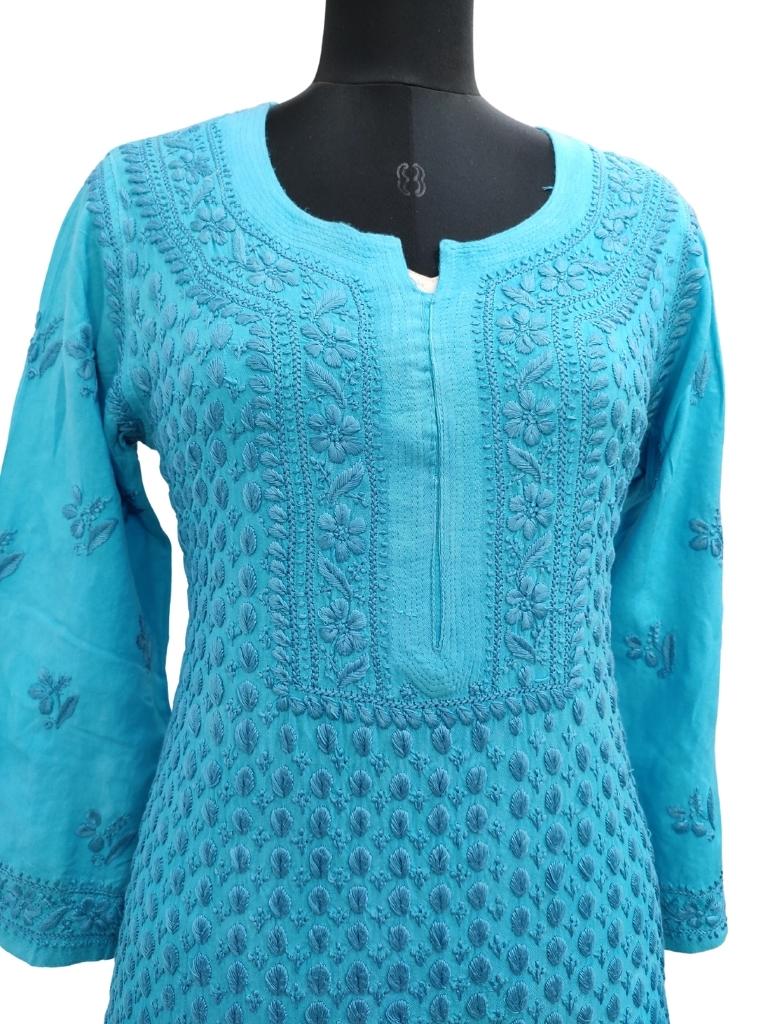 Shyamal Chikan Hand Embroidered Blue Rayon Cotton Lucknowi Chikankari Kurti- S14637