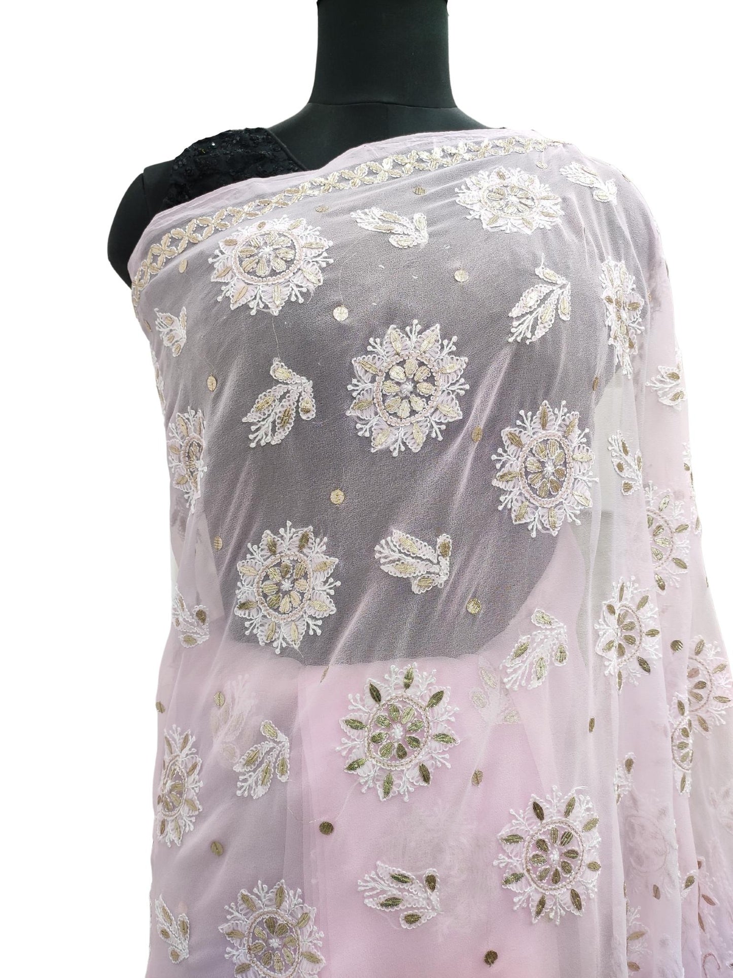 Shyamal Chikan Hand Embroidered Pink Georgette Lucknowi Chikankari Skirt Saree With Blouse Piece And Gotta Patti Work - S16716