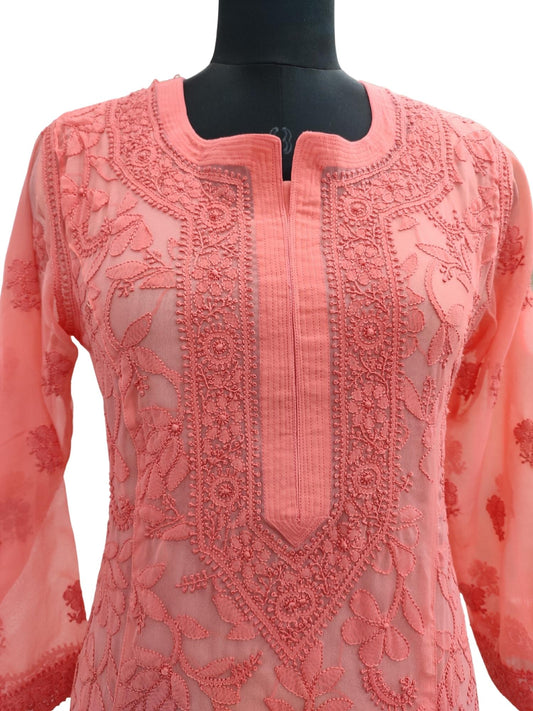 Shyamal Chikan Hand Embroidered Peach Georgette Lucknowi Chikankari Kurti - S13614