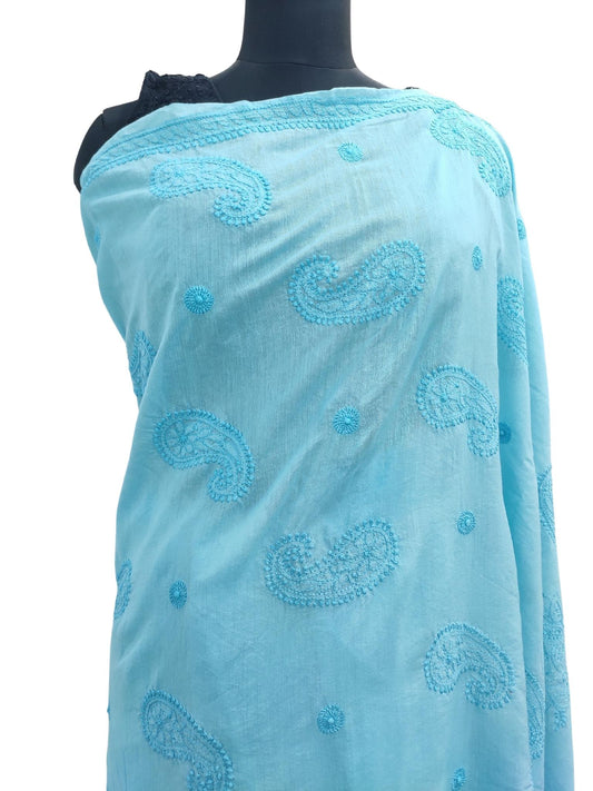 Shyamal Chikan Hand Embroidered Blue Chanderi Lucknowi Chikankari Saree With Blouse Piece - S14031