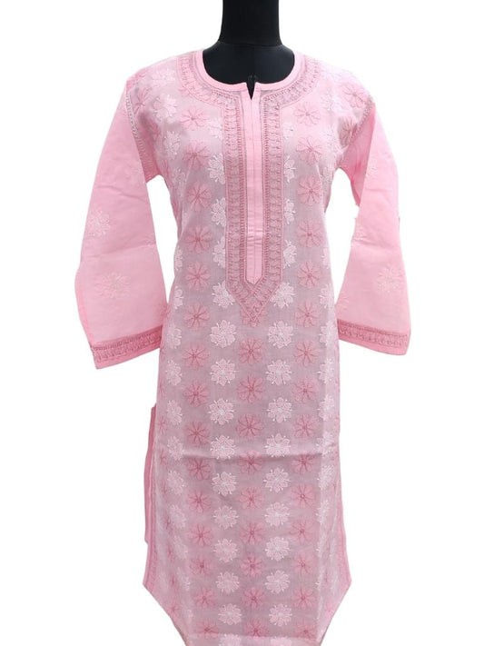 Shyamal Chikan Hand Embroidered Pink Cotton Lucknowi Chikankari Kurti- S14535