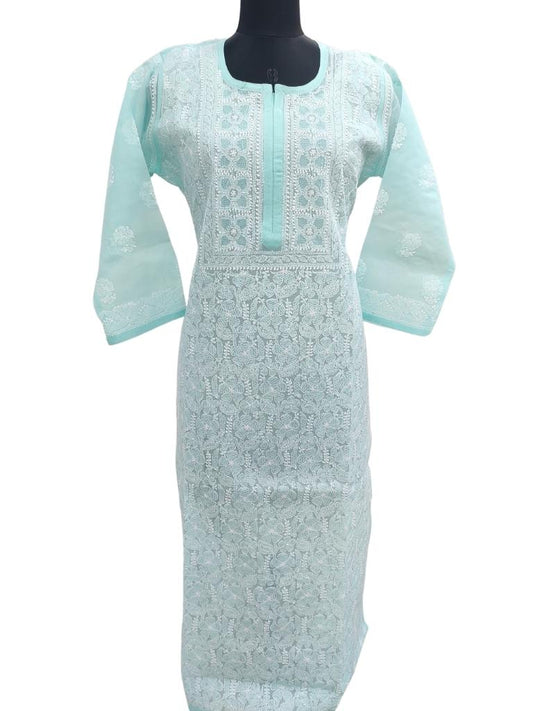 Shyamal Chikan Hand Embroidered Sea Green Cotton Lucknowi Chikankari Kurti- S14655