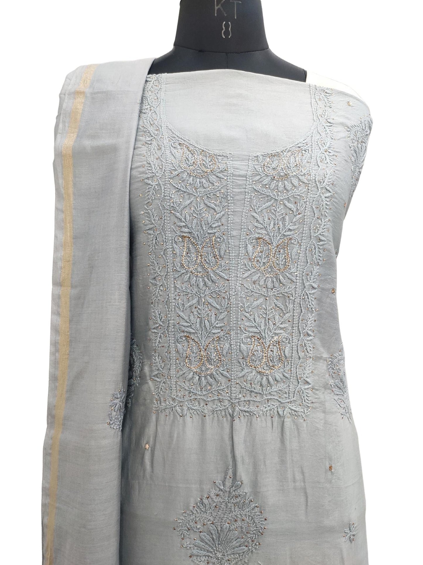 Shyamal Chikan Hand Embroidered Grey Chanderi Silk Lucknowi Chikankari Unstitched Suit Piece With Mukaish Work ( Kurta Dupatta Set ) - S19831
