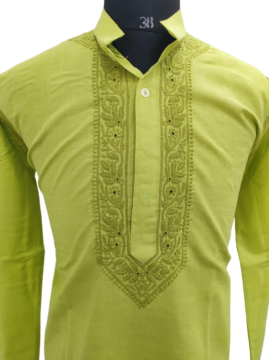 Shyamal Chikan Hand Embroidered Green Cotton Lucknowi Chikankari Men's Kurta – S12966
