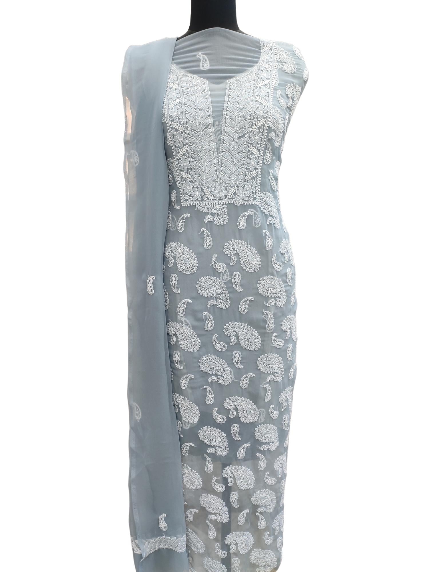 Shyamal Chikan Hand Embroidered Grey Georgette Lucknowi Chikankari Unstitched Suit Piece - S13865