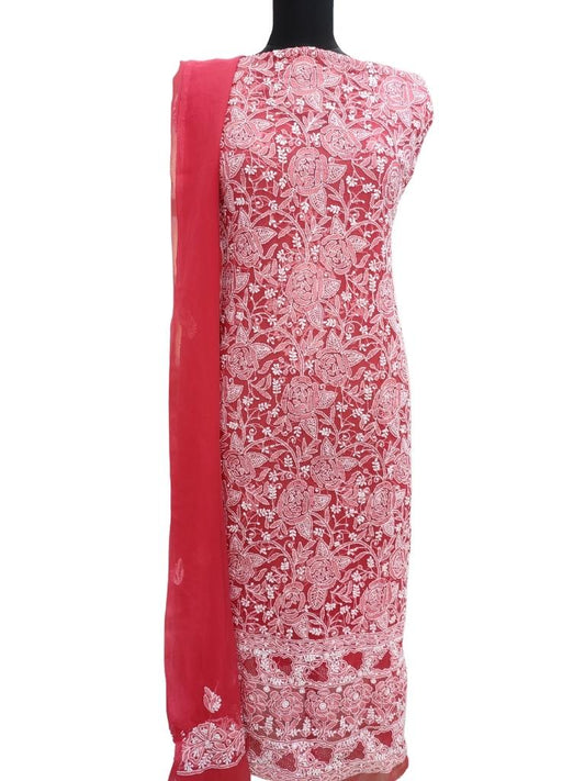 Shyamal Chikan Hand Embroidered Red Georgette Lucknowi Chikankari Unstitched Suit Piece - S15181