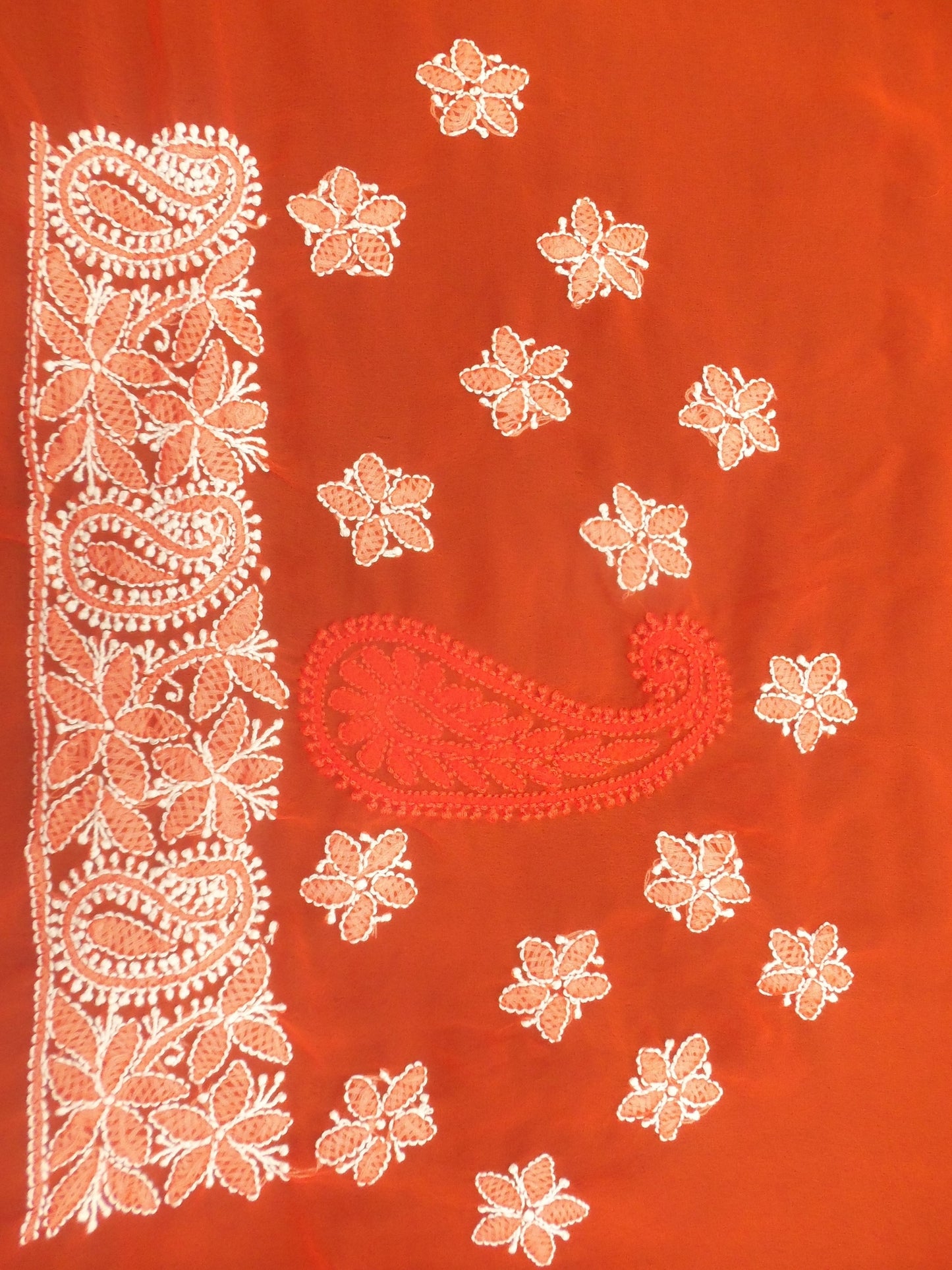 Shyamal Chikan Hand Embroidered Orange Georgette Lucknowi Chikankari Lehnga Saree With Blouse Piece - S490