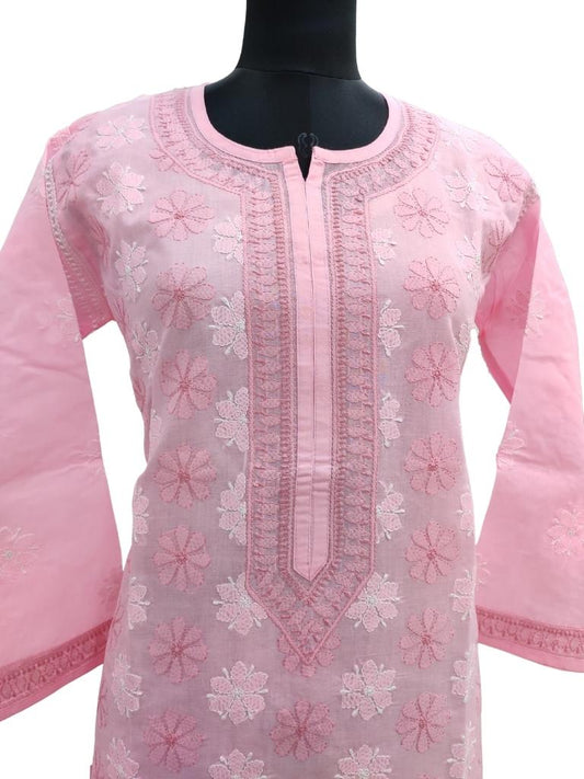 Shyamal Chikan Hand Embroidered Pink Cotton Lucknowi Chikankari Kurti- S14535