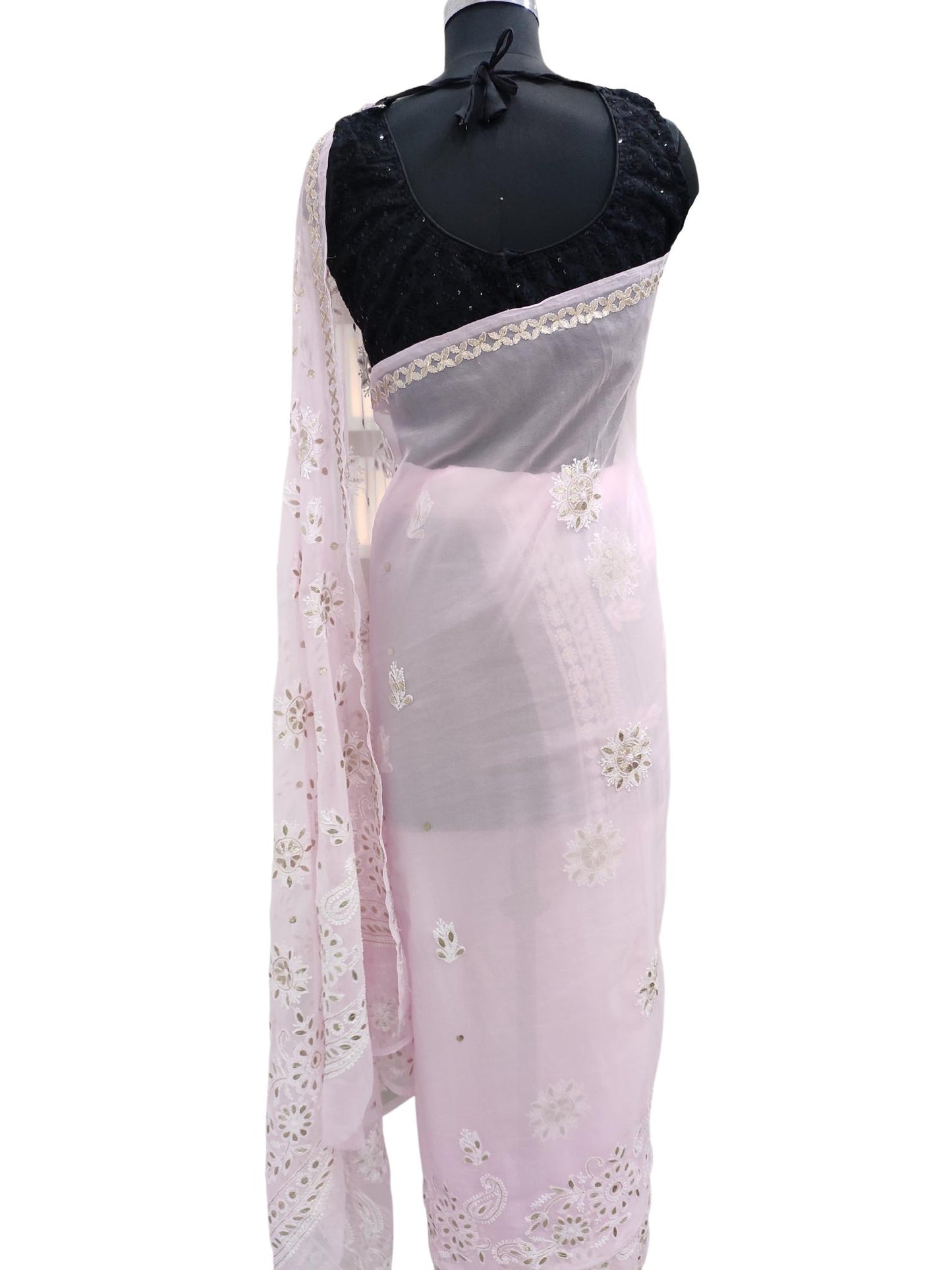 Shyamal Chikan Hand Embroidered Pink Georgette Lucknowi Chikankari Skirt Saree With Blouse Piece And Gotta Patti Work - S16716