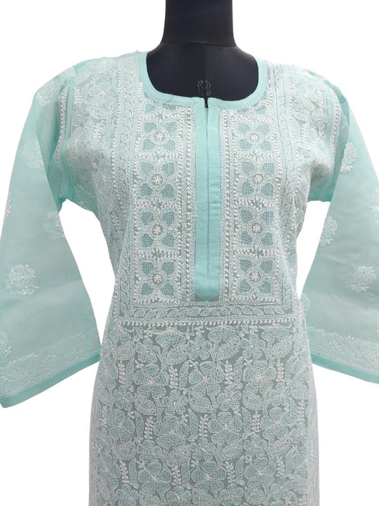 Shyamal Chikan Hand Embroidered Sea Green Cotton Lucknowi Chikankari Kurti- S14655