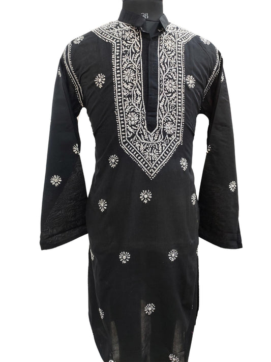 Shyamal Chikan Hand Embroidered Black Cotton Lucknowi Chikankari Men's Kurta – S17233