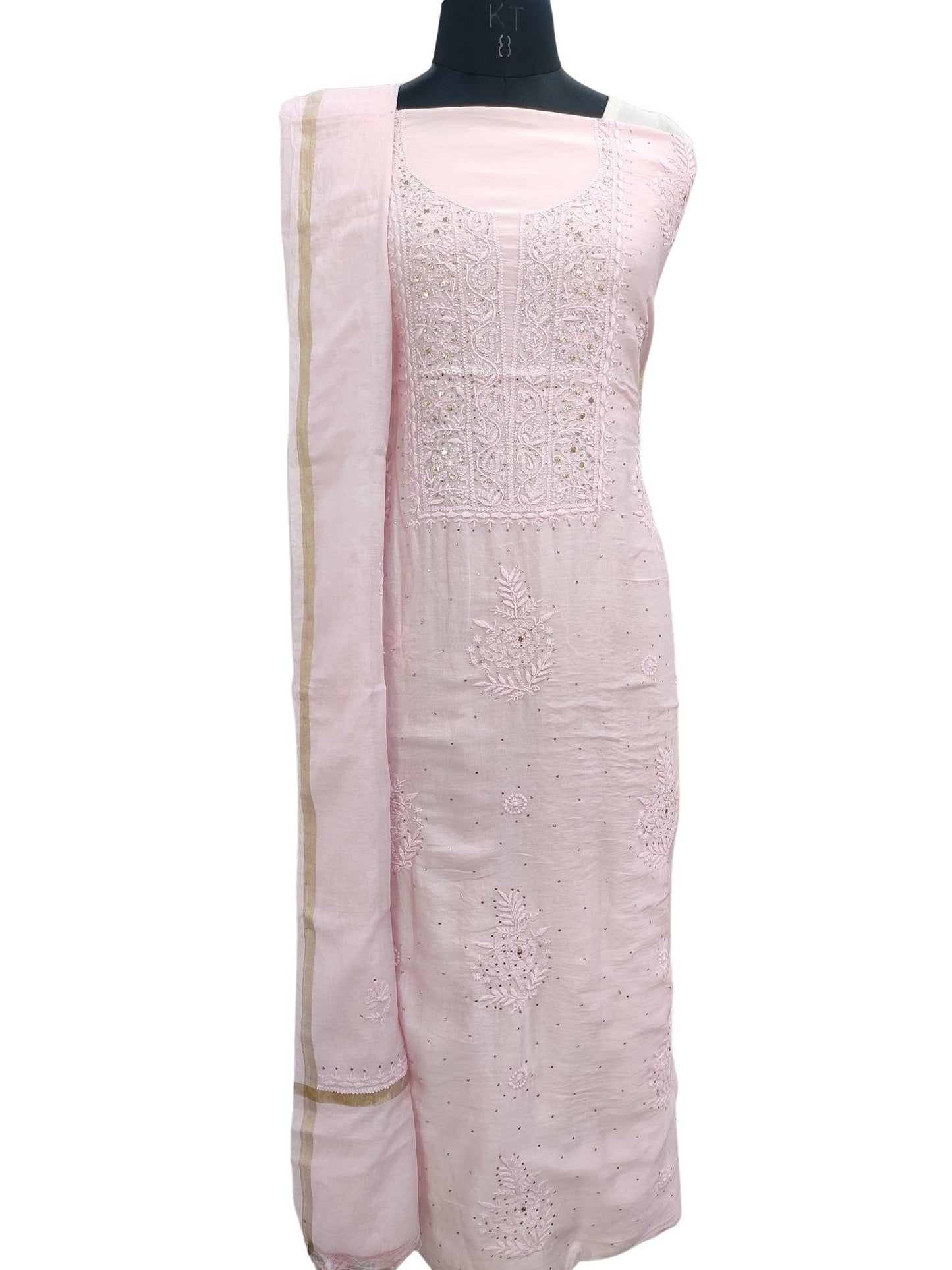 Shyamal Chikan Hand Embroidered Pink Chanderi Silk Lucknowi Chikankari Unstitched Suit Piece With Mukaish Work ( Set of 2 ) - S17695