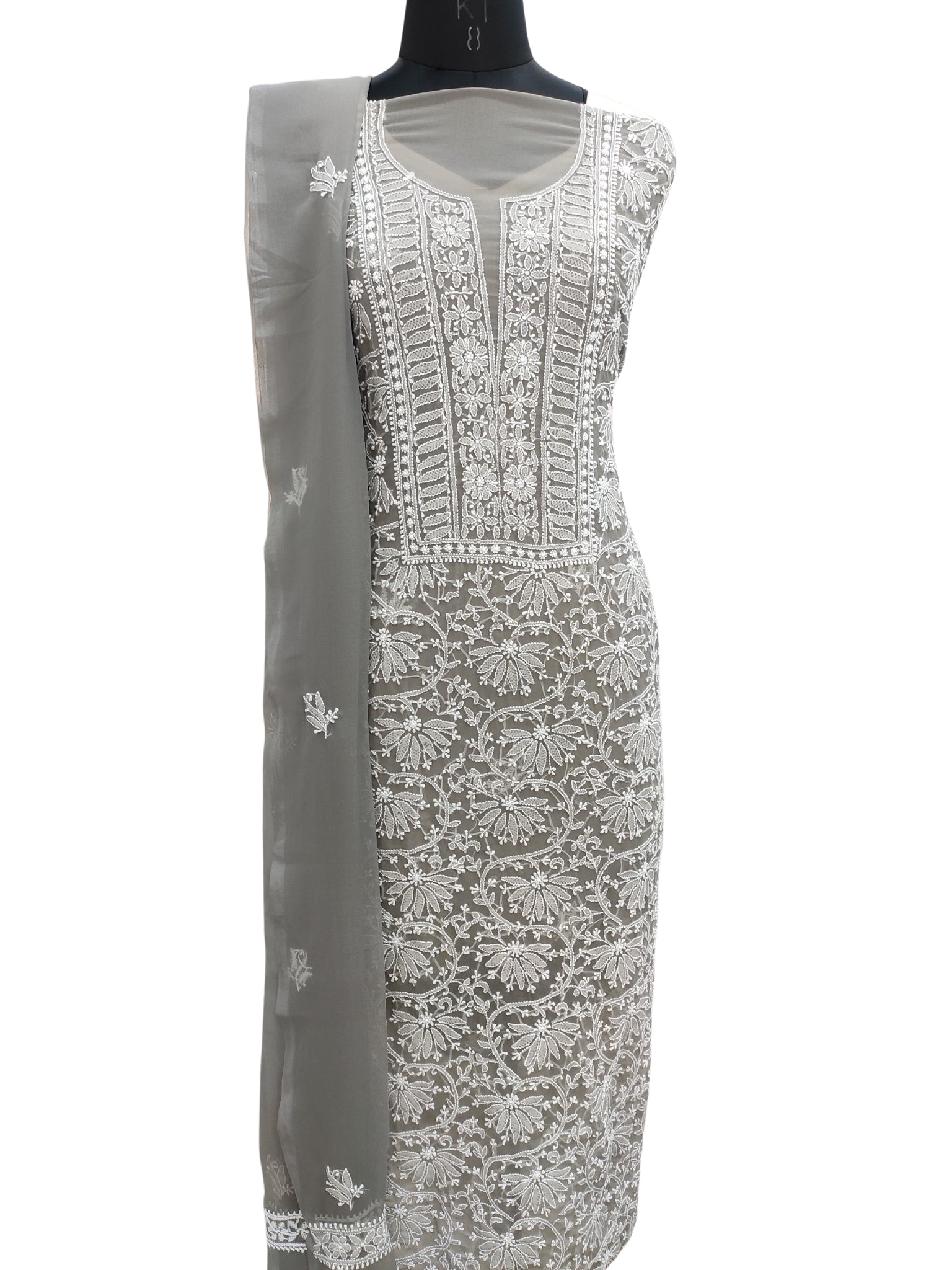Shyamal Chikan Hand Embroidered Grey Georgette Lucknowi Chikankari Unstitched Suit Piece - S20234