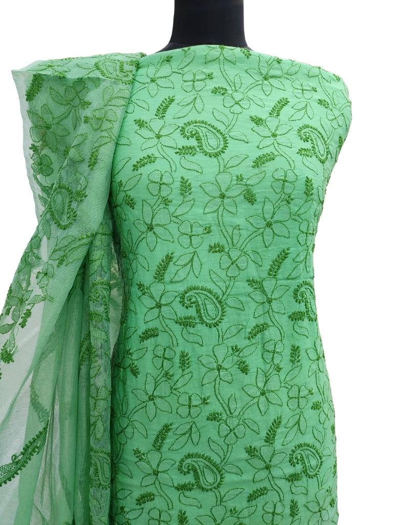 Shyamal Chikan Hand Embroidered Green Pure Cotton Lucknowi Chikankari Unstitched Suit Piece- S689