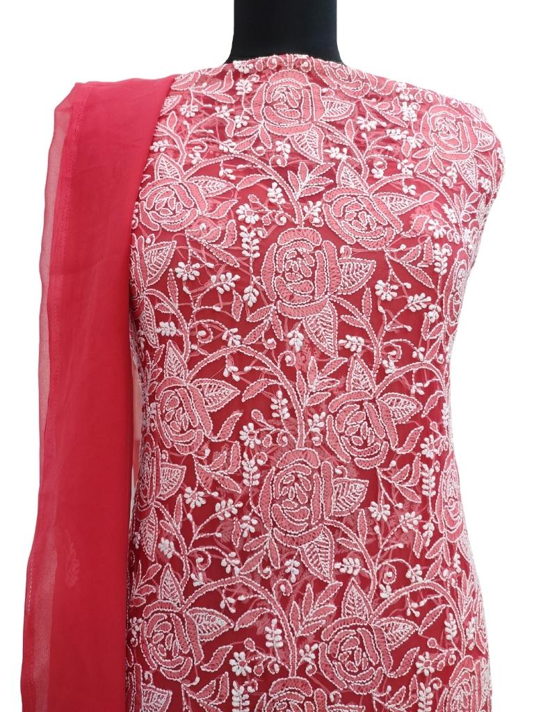 Shyamal Chikan Hand Embroidered Red Georgette Lucknowi Chikankari Unstitched Suit Piece - S15181