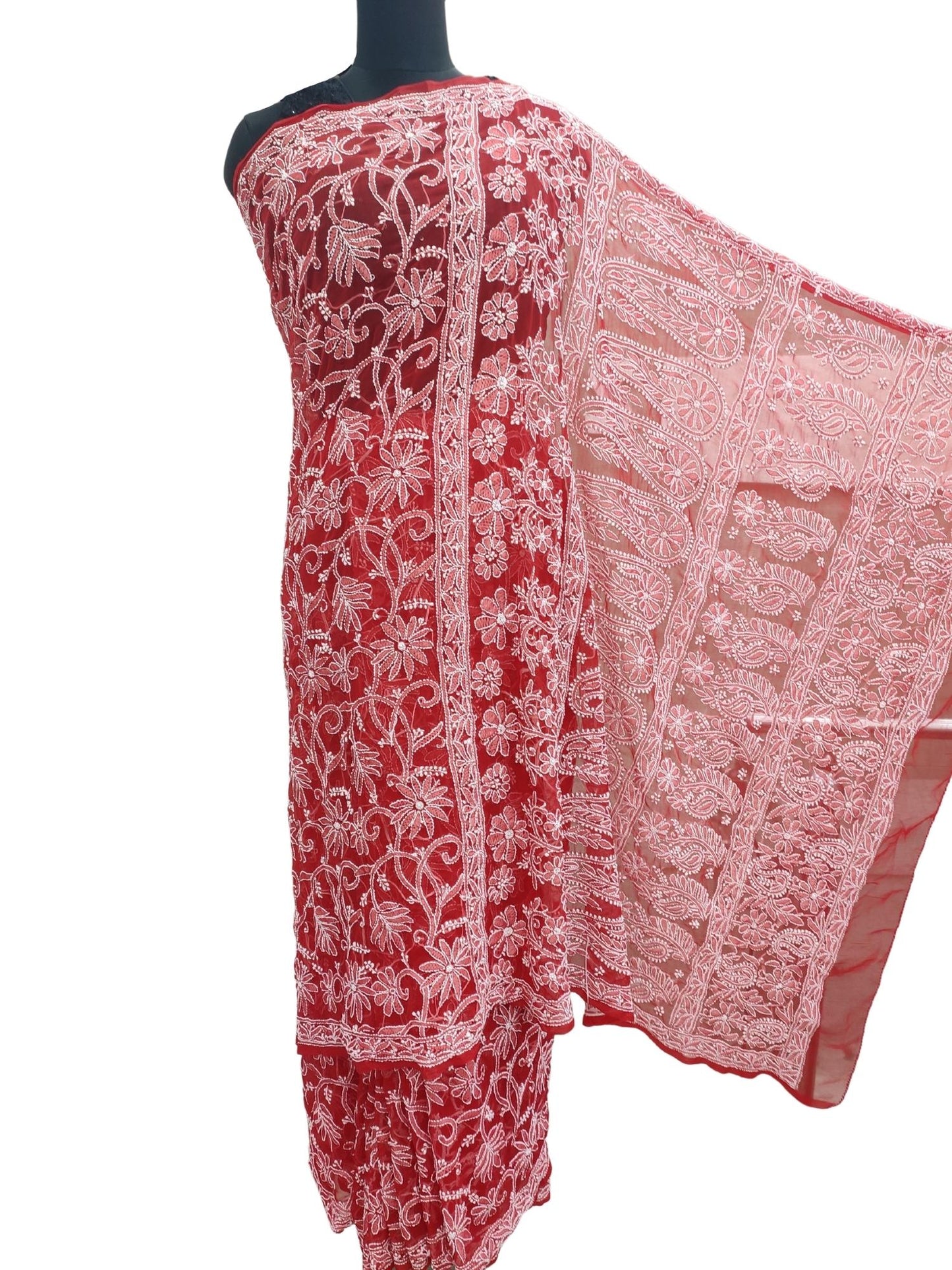 Shyamal Chikan Hand Embroidered Red Georgette Lucknowi Chikankari Full Jaal Saree With Blouse Piece - S13648