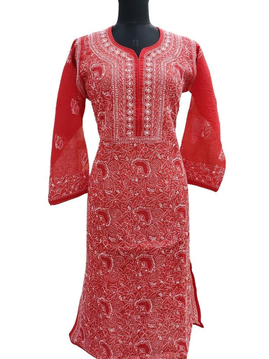 Shyamal Chikan Hand Embroidered Red Cotton Lucknowi Chikankari Kurti With Jaali Work - S14523