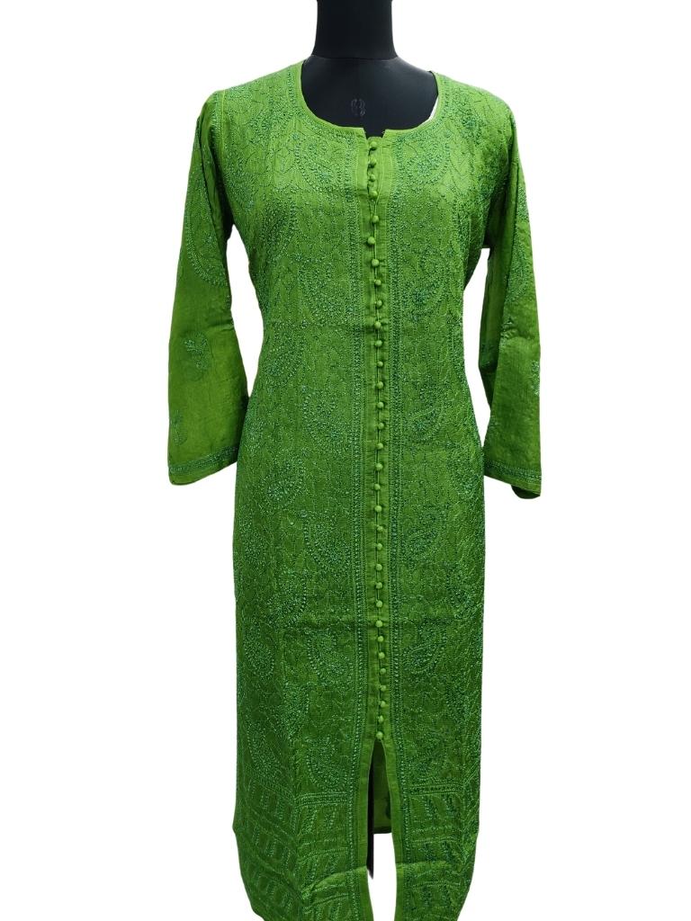 Shyamal Chikan Hand Embroidered Green Pure Tusser Silk Lucknowi Chikankari Kurti- S14889