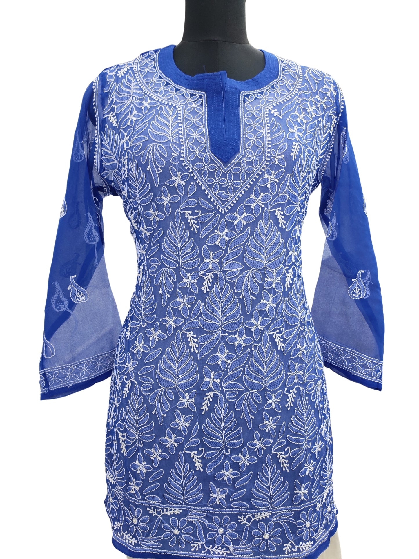 Shyamal Chikan Hand Embroidered Blue Georgette Lucknowi Chikankari Short Top- S15717 