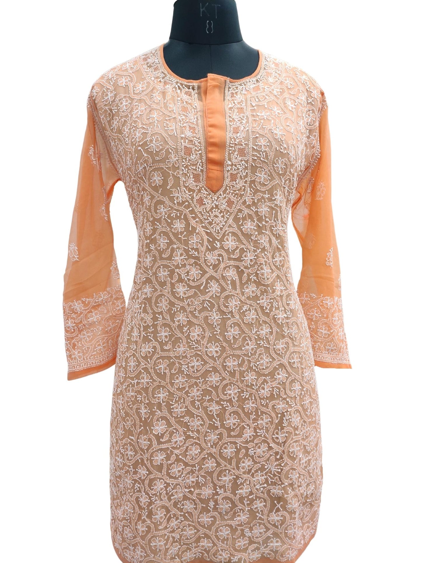 Shyamal Chikan Hand Embroidered Orange Georgette All-Over Lucknowi Chikankari Short Top - S16992