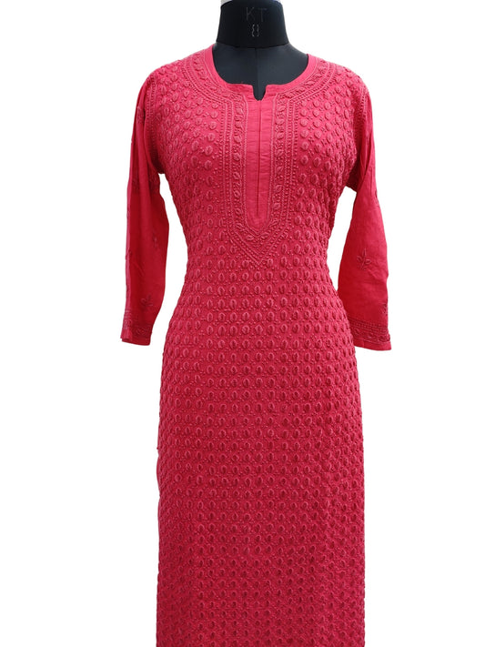 Copy of Shyamal Chikan Hand Embroidered Pink Rayon Cotton Lucknowi Chikankari Kurti- S19109