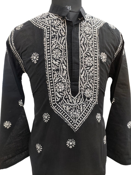 Shyamal Chikan Hand Embroidered Black Cotton Lucknowi Chikankari Men's Kurta – S17233